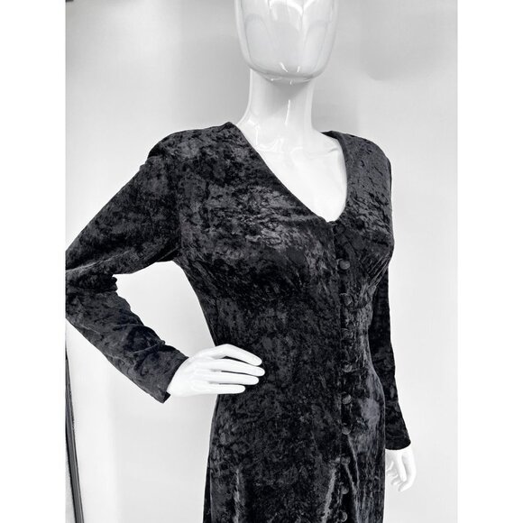 Vintage 90s Crushed Velvet Black Gothic Morticia Addams Maxi‎ Dress Size M - Picture 2 of 12